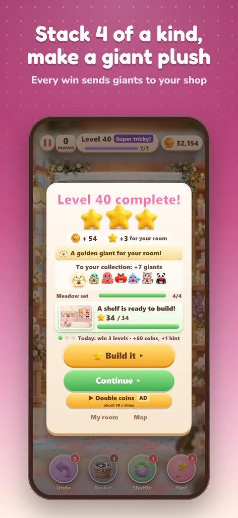 Screenshot 2: Stack 4 of a kind, make a giant plush